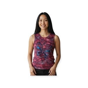 Vintage 90s: Alix + Maxx ᪥ Butterfly Sequin Tank Top ᪥ Red Tie Dye ᪥ Handmade M